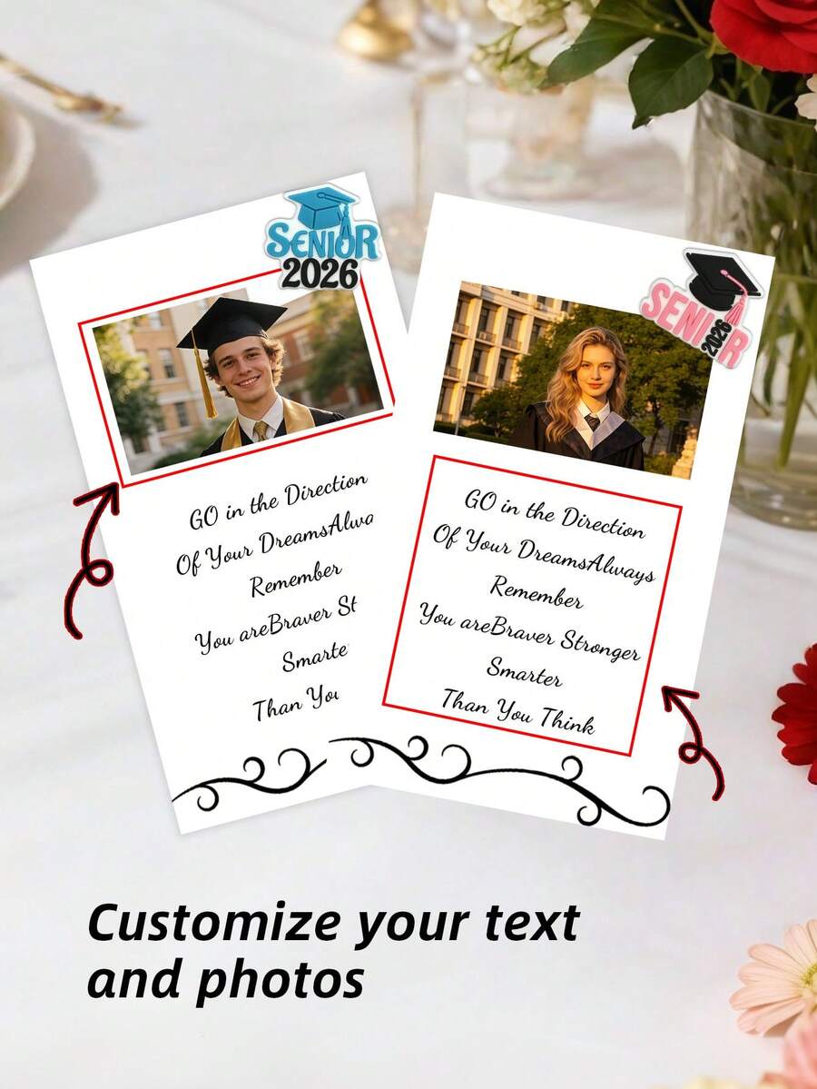 1 Set Customized Graduation Season Greeting Card, Personalized Commemorative Card With Photo And Text, 2026 Graduation Season Blue And Pink Stickers, Graduation Card, Customizable Graduation Motto. Text Content, Graduation Party Invitation Card Set, Envelopes Included. - Multicolor - View 1