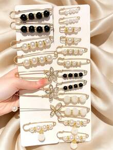 20 piezas Alfileres/broches de cintura de mujer con perlas falsas, Clip ajustable para la cintura, Accesorios de ropa y pantalones, Accesorios de vestir, Pasador para ropa, bolso, mochila, camisa, chaqueta, joyería, regalos de Navidad, Halloween, maestro, lindos - Blanco y Negro - Ver 8