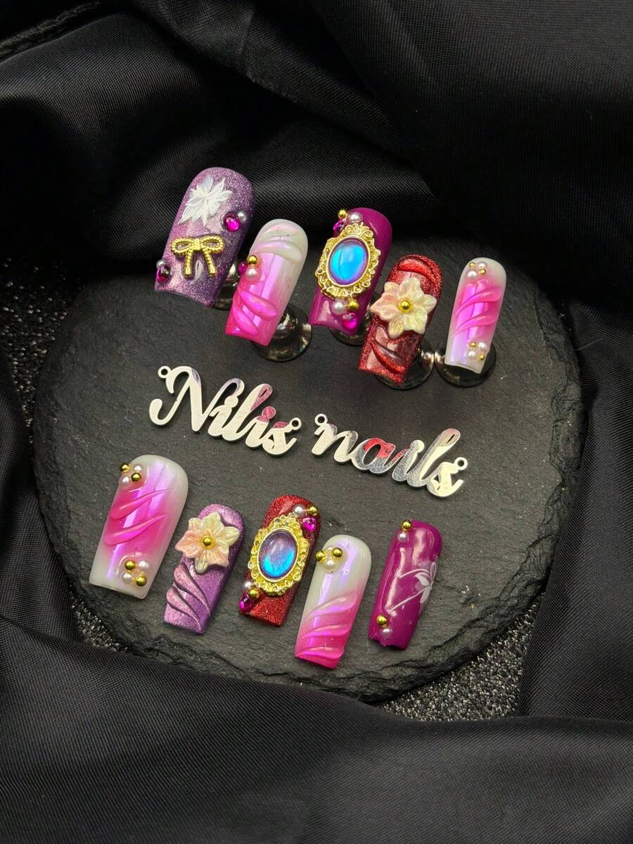 10pcs Handmade Full Cover Square Nail Art Set, Including Purple Nails, Silver Cat Eye, Rose Red Tie-Dye, Hand-Painted Floral, 3D Transparent Water Wave, 3D Blue Oval Rhinestones, Metal Gem Frames, Bows, Rainbow Flowers, Purple Rhinestones And Other Nail Accessories