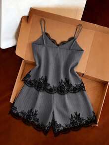 Bộ đồ nữ thanh lịch, không tay, cổ chữ V, kẻ sọc, gồm áo và quần short, phối ren tương phản, trang phục thường ngày mùa xuân, trang phục dự lễ hội âm nhạc mùa hè. - Màu xanh lam - Xem 2