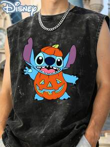 Disney Lilo & Stitch Halloween Pumpkin Officially Licensed Men's Sleeveless Graphic Tee, 100% Cotton 230g Washed Vintage Shirt - 黑色 - 查看 2