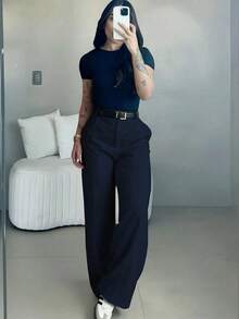 Pantalones anchos de cintura alta y ajuste ceñido en color café, estilo callejero bohemio, adecuados para uso casual, ir al trabajo y vacaciones en primavera/verano - Azul marino - Ver 1