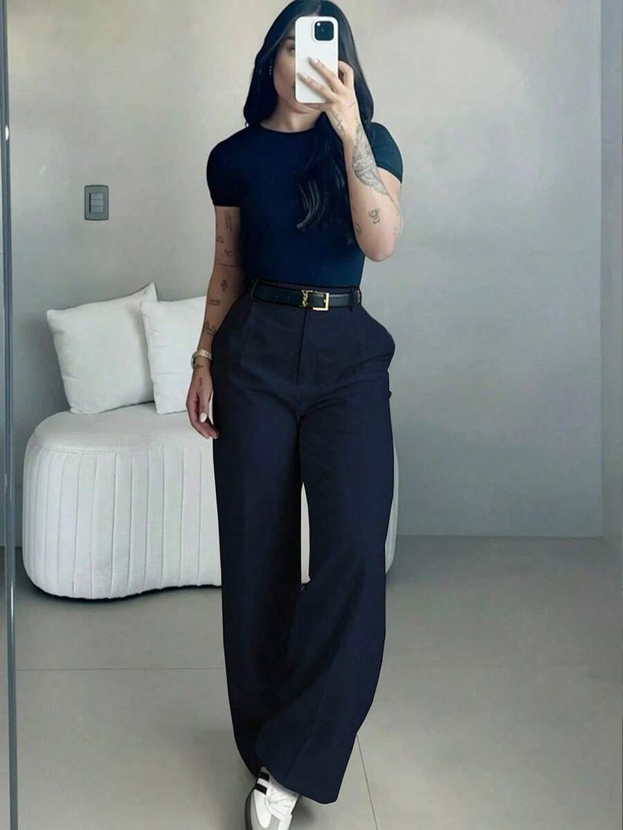Pantalones anchos de cintura alta y ajuste ceñido en color café, estilo callejero bohemio, adecuados para uso casual, ir al trabajo y vacaciones en primavera/verano - Azul marino - Ver 1