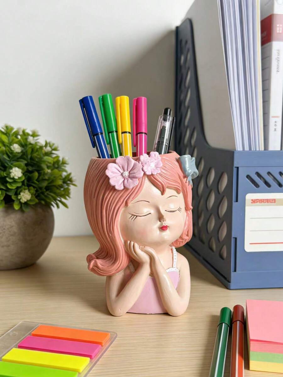 1 pieza Portavaso con retrato de niña, organizador de escritorio estilo Ins, decoración de útiles escolares/de oficina