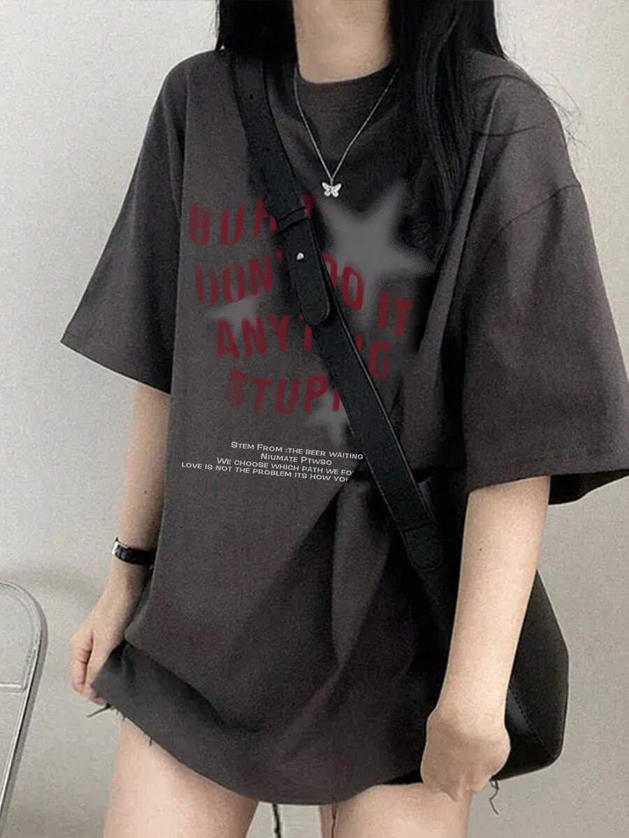 女士休闲圆领字母星形印花宽松短袖T恤,适合春夏穿着 - 深灰色 - 查看 1