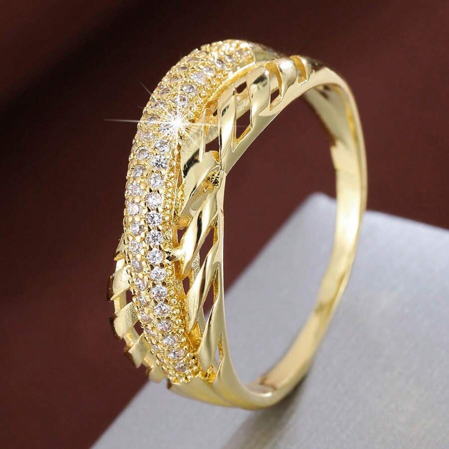1 chiếc nhẫn thời trang hình học rỗng, đính đá Cubic Zirconia, kiểu đan chéo, dành cho nữ. - Nhiều màu - Xem 1