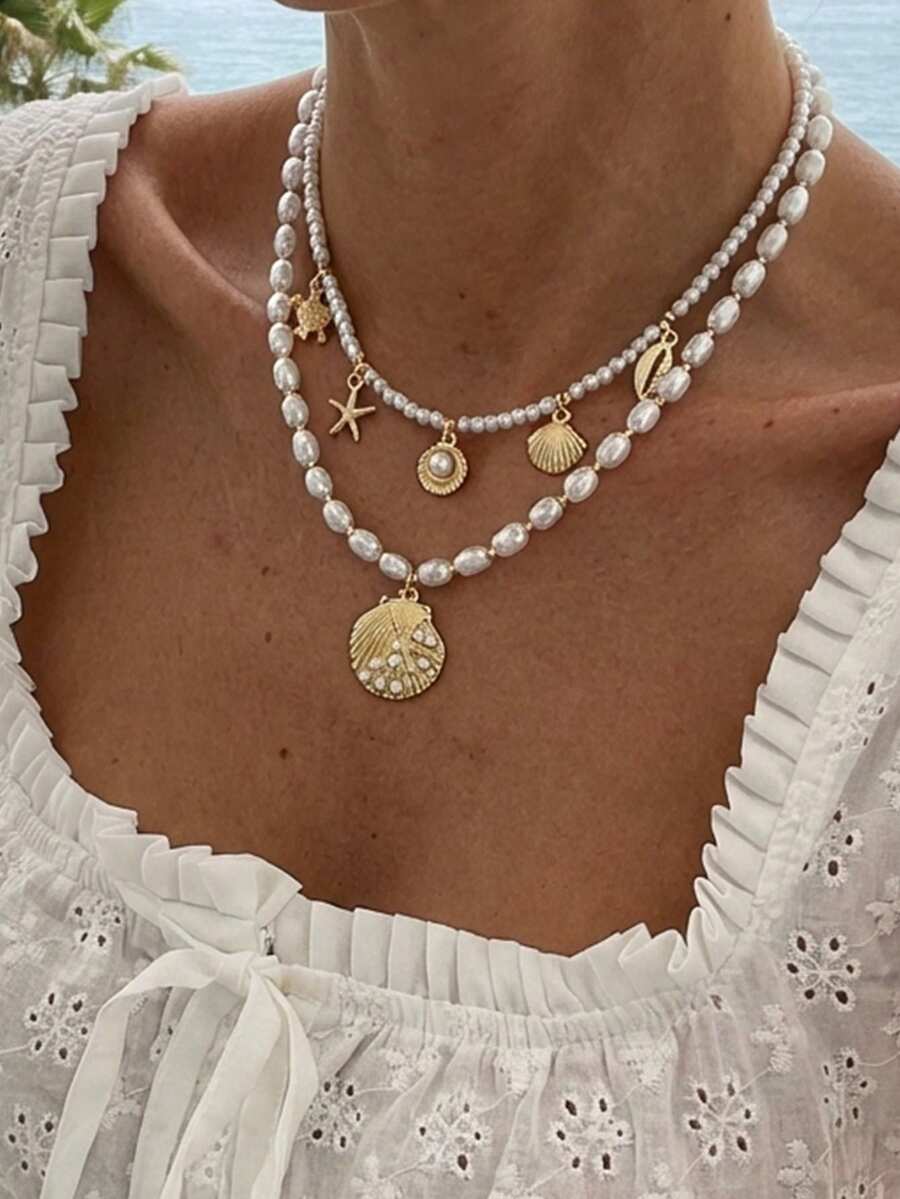 2pcs Summer Beach Style Starfish & Shell Pearl Necklace, Women's Fashion Pearl Necklace Choker, Suitable For Women's Street, Party, And Beach Accessories - Gold - View 1