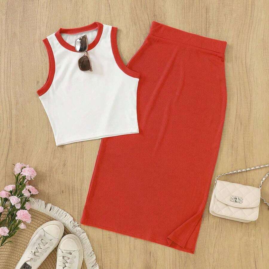 Conjunto de 2 piezas de camiseta sin mangas y falda larga de unicolor con ribete de contraste en estilo vintage elegante para resort, primavera/verano - Blanco y rojo - Ver 1