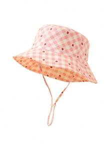 1pc Baby Sun Hat With Plaid & Strawberry Print Pattern, Suitable For Outdoor Hiking And Beach Activities - Pink - View 6