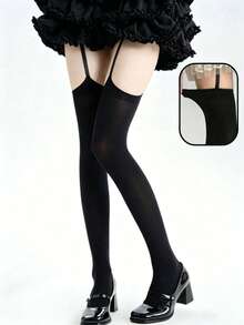 1件 Y2K 朋克个性吊袜带黑色性感过膝长筒袜千禧辣妹显瘦过膝长筒袜 - 黑色 - 查看 3