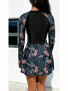 1pc New Coastal Women's Long Sleeve Floral Printed Skirted Swimsuit High Elastic Ruffle Beach One-Piece,Swimwear For Summer Beach Vacation 2026,Vestido De Playa,Trajes De Baño Mujeres,Hawaii - KA-P434-09 - 查看 4