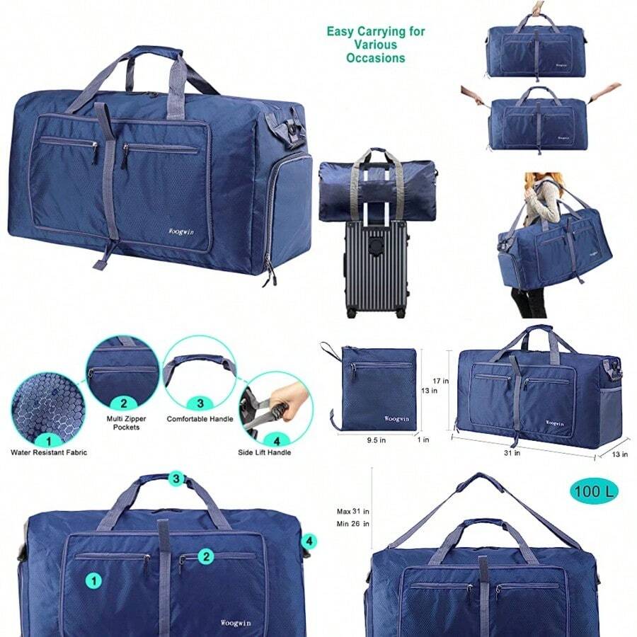 Woogwin - Bolsa de viaje grande plegable impermeable para la noche para playa natación piscina deportes gimnasio - 100 litros azul oscuro - Ver 1