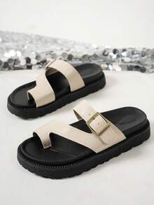 Sandalias de plataforma con hebilla metálica, suela gruesa y cómoda, adecuadas para uso diario en verano, sandalias de cuña - Beis - Ver 6