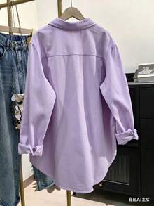 Women's Solid Color Pocket Front Button Casual Shirt Spring - Mauve Purple - View 3