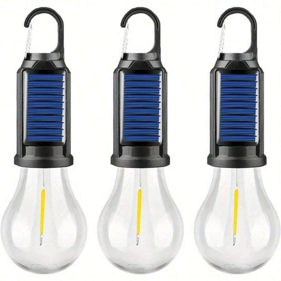 3-Pack Solar Tent Lights, IP 54 Waterproof Rechargeable Portable LED Camping Lanterns, 3-Level Adjustable LED Solar Camping Lights, Outdoor Hanging Bulbs With Hook Clips, Ideal For Camping, Christmas Decorations - Warm White - View 1