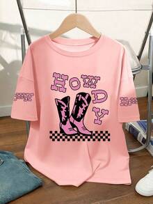 Casual Loose Graphic Tee With Cowboy Boot & Slogan Print, Short Sleeve Round Neck T-Shirt For Teenage Girls, Perfect Summer Gift For School And Outdoor Wear, Spring/Summer - Pink - View 1