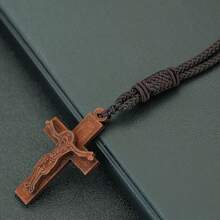 diffone 古董手工长绳链吊坠项链，木质十字架耶稣吊坠项链，男女皆宜 - 木頭十字架項鍊 - 查看 10