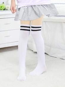 2双装女童无脚连裤袜，舞蹈袜，连裤袜，颜色可选：白色、肤色、卡其色、杏色、黑色、撞色、条纹、多色、条纹印花、卡通、双条纹印花，适合春夏穿着，可爱简约，学院风，适合日常穿着，学生、女孩适用，可搭配裙子，返校季必备 - 彩色 - 查看 4