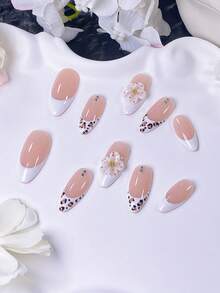 10 móng tay giả hình hạnh nhân thủ công, họa tiết da báo trắng, kiểu móng Pháp, đính kim cương trắng, thiết kế 3D chạm khắc thủ công màu trắng với tâm màu cam. Móng tay giả thời trang cao cấp phù hợp cho phụ nữ đi làm hàng ngày, đi chơi, hẹn hò, dự tiệc và các dịp khác. Dễ dàng đeo và tháo, móng giả dán. - trắng - Xem 5