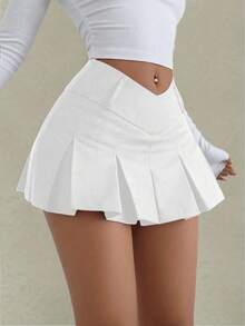 Y2K Streetwear Low Waist V-Pleated A-Line Mini Skirt, Women Casual Pleated Zipper Short Loose Low Waist Solid Black Skirt, Spring/Summer Casual Daily Wear - trắng - Xem 6