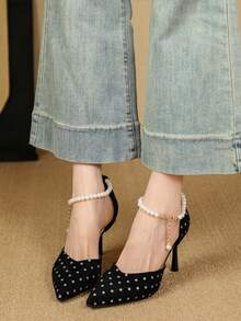 2026 New Fairy Style Pearl High Heel Sandals, Pointed Toe Hollow Out Stilettos For Women, Summer - Black - View 5