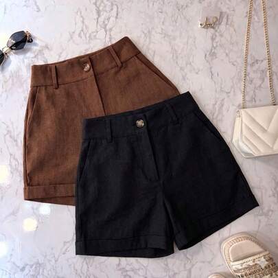 Kit 2 Shorts de Linho Feminino Forrado Bolsos Lateral Cintura Alta Botão Zíper Elegante Casual Chic
