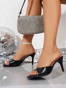 Solid Color Square Toe Stiletto High Heel Sandals For Women, Spring/Summer New Arrival - Black - View 2