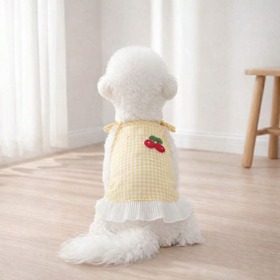 1 chiếc váy kẻ caro buộc dây họa tiết quả anh đào, váy xếp ly họa tiết trái cây dễ thương, váy thoáng khí cho thú cưng (mèo và chó) mùa xuân/hè. - Nhiều màu - Xem 1