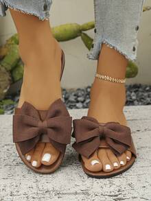 Women's Summer Fashion Flat Bow Strap Sandals, New Summer Essential Slides - Brown - View 6