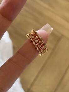 3pcs Fashionable Luxury Elegant High-End Cubic Zirconia Inlaid Hollow Chain Unique Elegant Rings Set, Suitable For Party, Banquet, Gathering - Yellow Gold - View 5
