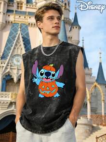 Disney Lilo & Stitch Halloween Pumpkin Officially Licensed Men's Sleeveless Graphic Tee, 100% Cotton 230g Washed Vintage Shirt - 黑色 - 查看 3