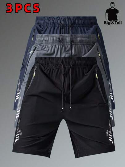 3pcs Plus Size Men's Shorts, Summer Elastic Straight Leg Knee Length Pants, Solid Color, Drawstring Waist, Lightweight, Suitable For Sports, Running, Fitness