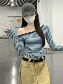 女士休闲条纹斜肩长袖修身T恤，适合春秋季穿着 - 藍色 - 查看 6