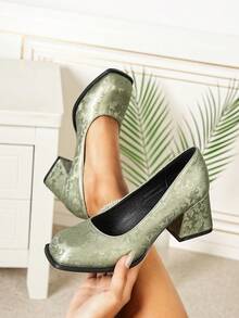 女款法式復古瑪麗珍高跟鞋，純色春季新款，優雅方頭粗跟鞋 - 綠色 - 查看 2