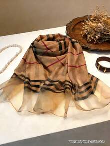 Khăn choàng/khăn quàng cổ bằng lụa kẻ sọc đỏ đen cổ điển, dệt hai lớp với viền cuộn, vật dụng thiết yếu cho việc đi lại hàng ngày. - màu nâu - Xem 5