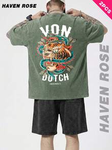 2-Piece Set | Mens Washed Vintage T Shirt And Shorts Set | Summer Street Wear | Tiger Snake Entwined | 100% Cotton,Soft Fabric Comfortable | Perfect For Daily Wear, Outdoor Leisure, Gym Workouts, Running, Back-To-School Season, Father's Day & More Summer Occasions| Daily Gift | Unisex. - Đen + Xanh quân đội - Xem 2
