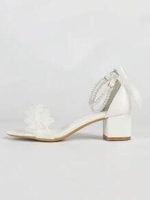Damen Perlen Schleife Blumen Dekor Spitze Perlen Kette Plateau Absatz Sandalen, süßer Stil, Sommer weiße Perlen Quadratische Zehenkappe Niedrig-Top Einriemen Plateau Absatz Sandalen - Weiss - Übersicht 6