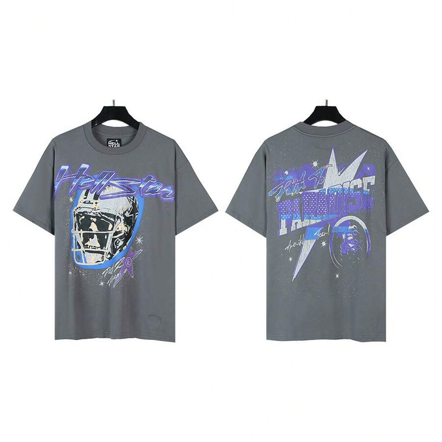 HellST Vintage Streetwear T-Shirt, 100 Percent Cotton Casual Loose Top, Unisex Couple Matching Tee - A754灰色 - 查看 1