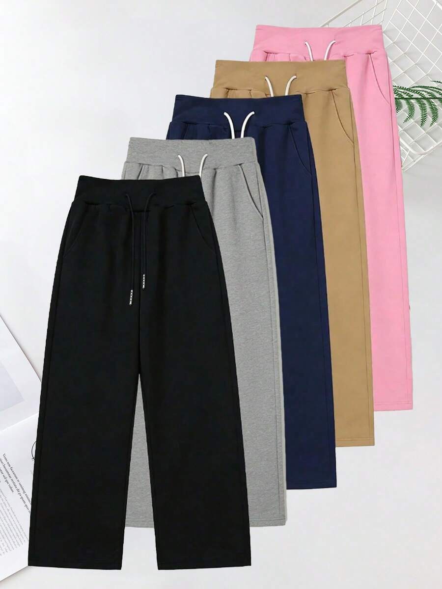 女款休閒高腰居家慢跑長褲，黑色針織面料，附口袋，運動休閒時尚褲