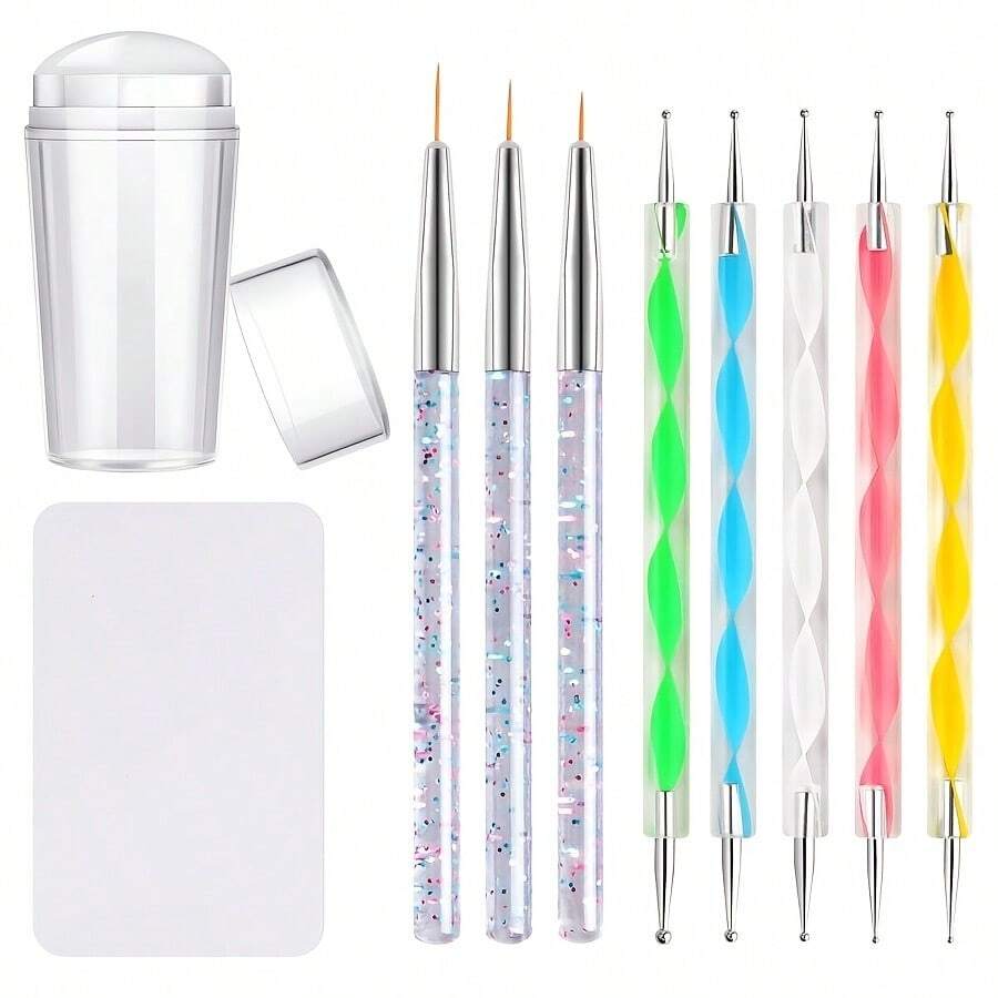 Silicone Nail Stamper Set Tip Nail Stamp Jelly With Scraper- Nail Detail Brush Set Nail Art Brush Pen- Nail Dotting Pen- Nails Art Design Manicure Tools 10pcs Set - Multicolor - View 1
