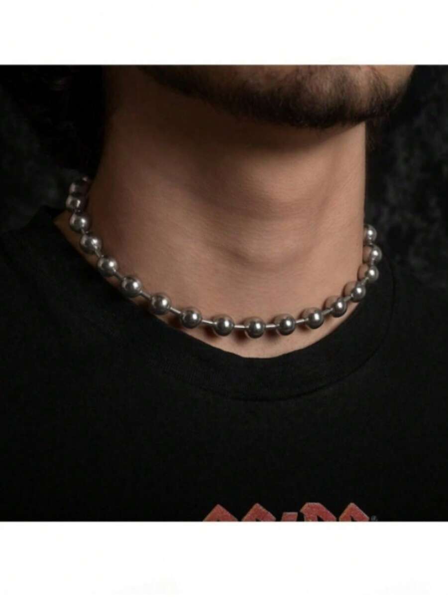 1 pieza Collar de cadena de cuentas de acero de titanio sin decoloración con círculo INS para hombres, collar personalizado para estudiantes - Plateado - Ver 1
