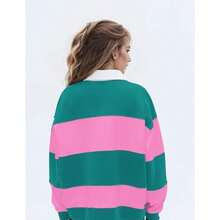 Sudadera tipo polo de rayas para mujer manga larga con cuello de solapa de gran tamaño de rugby 2025 ropa de otoño - Rosa verde - Ver 4