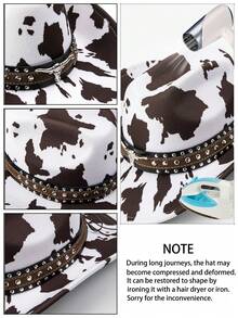 Unisex Polyester Cow Print Cowboy Hat - Leather Rivet Bull Head Decor, Perfect For Horse Riding, Outdoor Travel, Cowboy Party, And Daily Wear - Multicolor - View 4