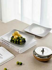 1pc Creative Luxury Stainless Steel Fruit Plate, Minimalist Square Striped Fruit Tray, Home Living Room Tea Table Snack Candy Dessert Cake Plate, Nuts Tray, Key Holder Decorative Piece, Suitable For Living Room, Dining Room, Dessert Shop, Wedding, Party, Available In 3 Sizes - Multicolor - View 11