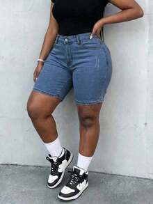 Women's Summer Casual Cat Whisker Decor Elastic Denim Shorts, Slim Fit Vacation Beach Denim Shorts, Suitable For Music Festivals Black - 深色洗水 2 - 查看 3