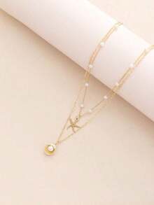 1pc Beach Ocean Resort Style Starfish & Shell Faux Pearl Layered Necklace, Suitable For Daily Wear, Gift-Giving And Fashion Accessory - 彩色 - 查看 2