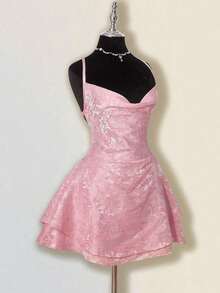 Women's Elegant Blush Pink Mini Party Dress, Sleeveless With A Chic Draped Cowl Neckline And Layered Tiered Skirt. - 藍色 - 查看 10