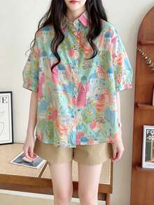 [Bestseller de primavera/verano] Camisa de mujer de manga corta con estampado de castillo colorido, diseño de solapa holgada, transpirable y cómoda, adecuada para uso diario y vacaciones, múltiples opciones de combinación - verde menta - Ver 5