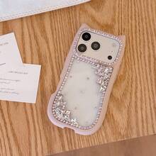 Casing Ponsel Motif Telinga Kucing dengan Hiasan Berlian Imitasi, Kompatibel dengan iPhone 17 Pro Max, 17 New, 16 Pro Max/15 Pro Max, Pelindung Ponsel Mewah dan Elegan, Kompatibel dengan iPhone 14/13 - Berwarna merah muda - View 4