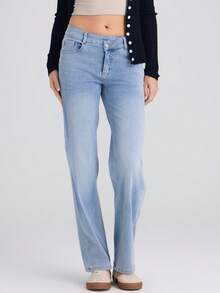 Women Asymmetric Low Rise Zipper Pockets Baggy Wide Leg Washed Casual Jeans - 特淺藍 - 查看 5